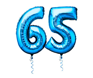 Two blue balloons that say "65"