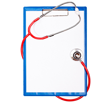 A red stethoscope wraps around a clipboard