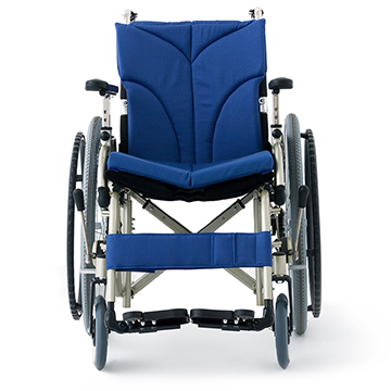 An empty blue wheelchair